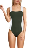 Lands' End Square Neck High Leg One Piece Swimsuit In Rich Olive Green/white