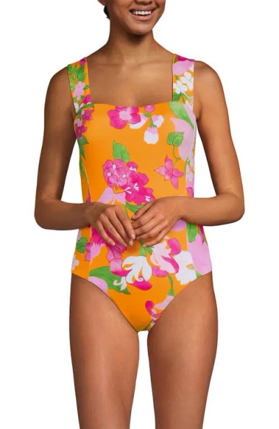 Lands' End Square Neck High Leg One Piece Swimsuit In Sweet Mango Lilies