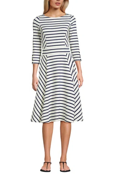 Lands' End Starfish 3/4 Sleeve Dress In Ivory/deep Sea Breton Stripe