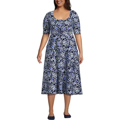 Lands' End Starfish Elbow Sleeve Midi Fit And Flare Dress In Multi