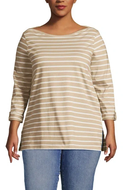 Lands' End Plus Size Supima Cotton Adjustable 3/4 Sleeve Boatneck Tunic In Champagne/ivory Breton Stripe