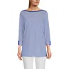 Lands' End Supima Cotton Adjustable 3/4 Sleeve Boatneck Tunic In Cobalt/ivory Micro Stripe