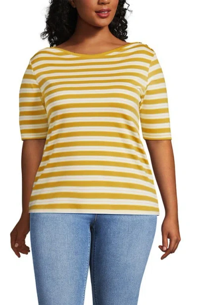 Lands' End Supima Cotton Elbow Sleeve Boatneck Button Shoulder Tee In Black
