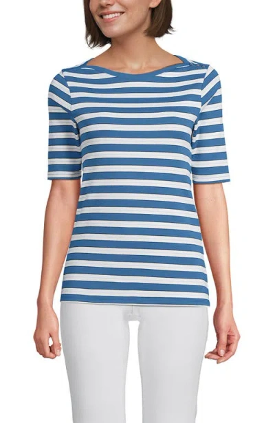 Lands' End Supima Cotton Elbow Sleeve Boatneck Button Shoulder Tee In Blue