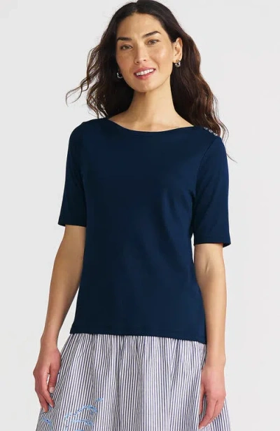 Lands' End Supima Cotton Elbow Sleeve Boatneck Button Shoulder Tee In Blue