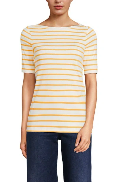 Lands' End Supima Cotton Elbow Sleeve Boatneck Button Shoulder Tee In Neutral
