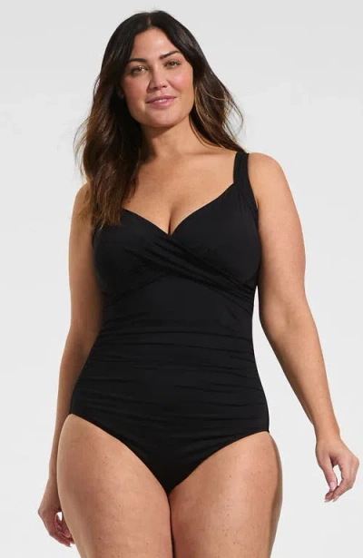 Lands' End D-cup Sweetheart Underwire Wrap One Piece Swimsuit In Animal Print