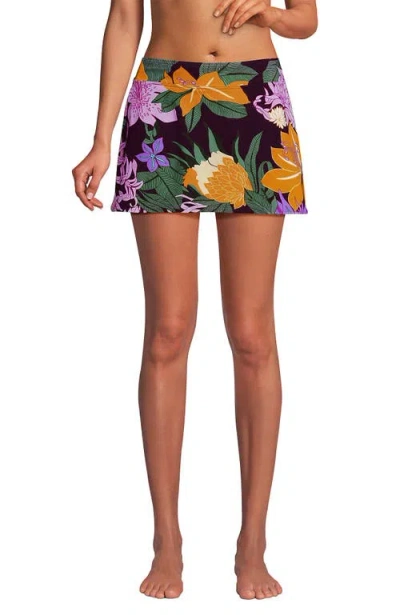 Lands' End Tummy Control Skirt Swim Bottoms In Dark Wine Multi Floral Blooms