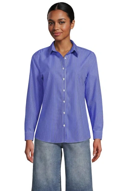 Lands' End Tall No Iron Button Front Shirt In Sapphire Gem Thin Stripes