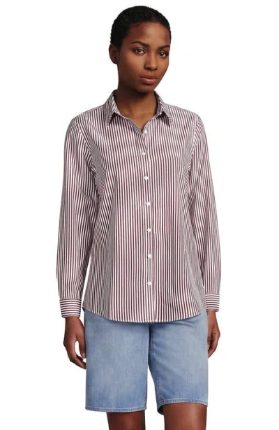 Lands' End Tall No Iron Button Front Shirt In White/rich Ginger Brown Stripe