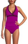 Lands' End Texture V-neck Halter Tankini Swimsuit Top In Crimson Rose/dark Wine