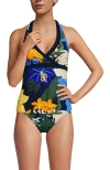 Lands' End Texture V-neck Halter Tankini Swimsuit Top In Navy Multi Floral Blooms
