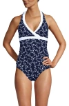 Lands' End Texture V-neck Halter Tankini Swimsuit Top In Navy/white Flowering Vine