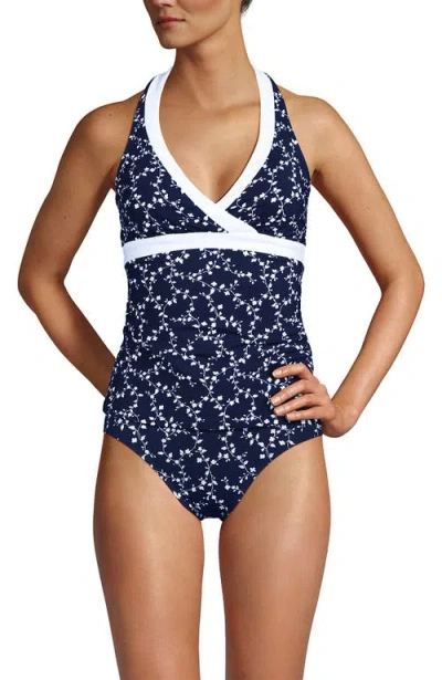 Lands' End Texture V-neck Halter Tankini Swimsuit Top In Navy/white Flowering Vine