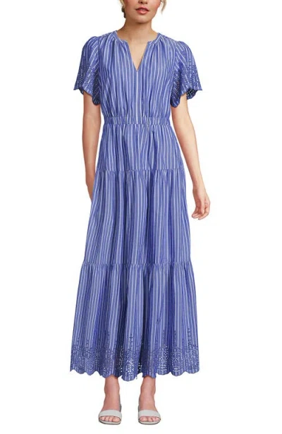 Lands' End Tiered Cotton Poplin Embroidered Maxi Dress In Blue