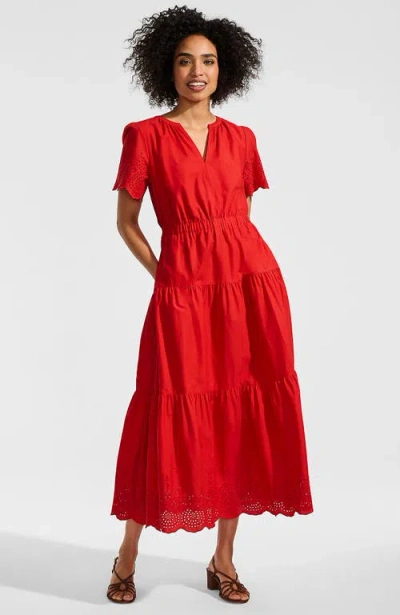 Lands' End Tiered Cotton Poplin Embroidered Maxi Dress In Red
