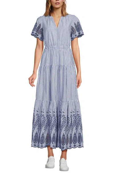 Lands' End Tiered Cotton Poplin Embroidered Maxi Dress In Deep Sea Navy Stripe Eyelet