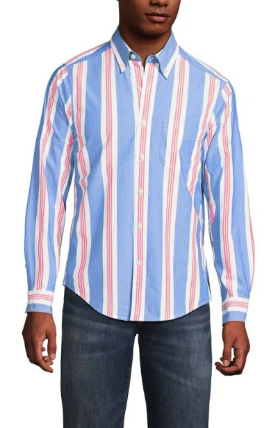 Lands' End Traditional Fit Essential Lightweight Poplin Shirt In Soft Cobalt/poppy Stripe