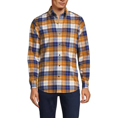 Lands' End Traditional Fit Flagship Flannel Shirt In Golden Cumin/blue Plaid