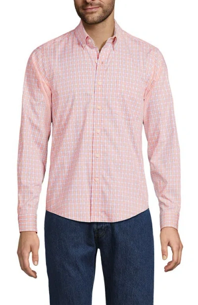 Lands' End Traditional Fit Long Sleeve Travel Kit Shirt In Crisp Peach/cobalt Plaid