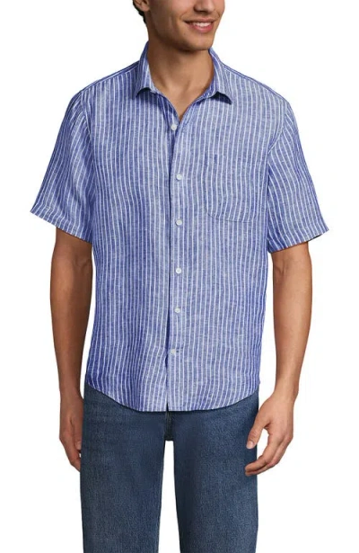 Lands' End Traditional Fit Short Sleeve Linen Shirt In Blue