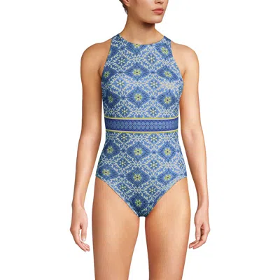 Lands' End Tugless High Neck Portrait Back One Piece Swimsuit In Blue
