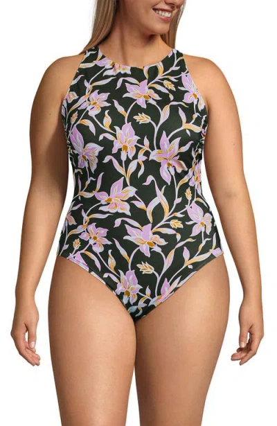 Lands' End Tugless High Neck Portrait Back One Piece Swimsuit In Black