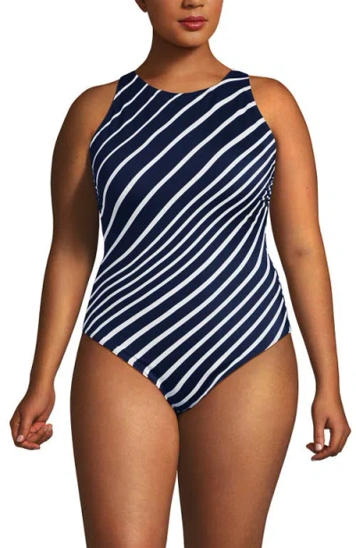 Lands' End Tugless High Neck Portrait Back One Piece Swimsuit In Blue