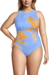 Lands' End Tugless High Neck Portrait Back One Piece Swimsuit In Blue