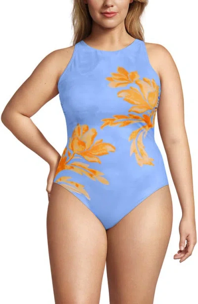 Lands' End Tugless High Neck Portrait Back One Piece Swimsuit In Blue