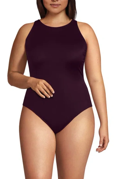 Lands' End Tugless High Neck Portrait Back One Piece Swimsuit In Burgundy