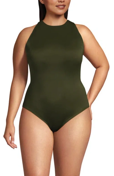 Lands' End Tugless High Neck Portrait Back One Piece Swimsuit In Green