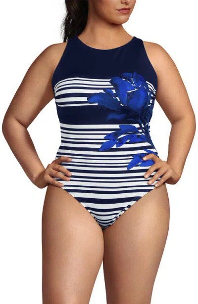 Lands' End Tugless High Neck Portrait Back One Piece Swimsuit In Multi