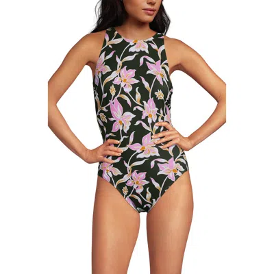 Lands' End Tugless High Neck Portrait Back One Piece Swimsuit In Multi