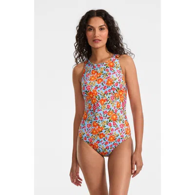 Lands' End Tugless High Neck Portrait Back One Piece Swimsuit In Multi