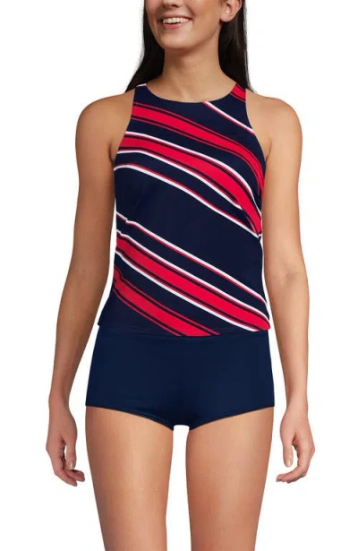 Lands' End Tugless High Neck Strappy Back Tankini Swimsuit Top In Blue
