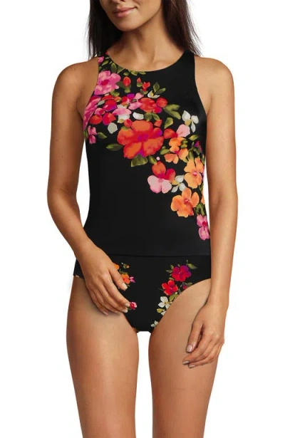 Lands' End Tugless High Neck Strappy Back Tankini Swimsuit Top In Black Meadow Floral Cascade