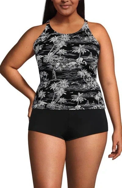 Lands' End Tugless High Neck Strappy Back Tankini Swimsuit Top In Black Tropical Scene