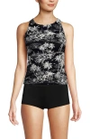Lands' End Tugless High Neck Strappy Back Tankini Swimsuit Top In Black Tropical Scene
