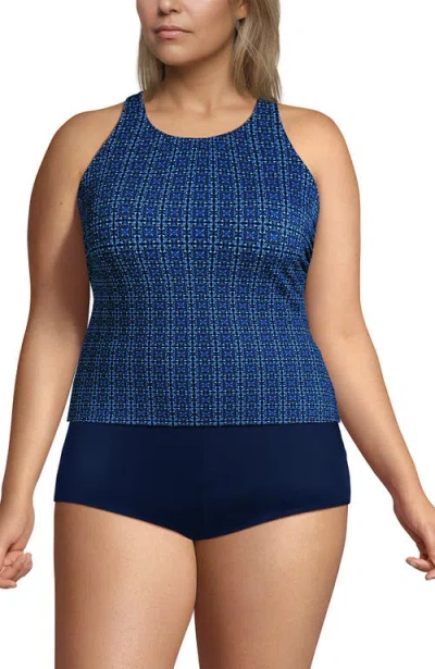 Lands' End Tugless High Neck Strappy Back Tankini Swimsuit Top In Blue