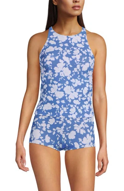 Lands' End Tugless High Neck Strappy Back Tankini Swimsuit Top In Blue