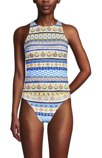 Lands' End Tugless High Neck Strappy Back Tankini Swimsuit Top In Blue