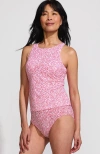 Lands' End Tugless High Neck Strappy Back Tankini Swimsuit Top In Coral Rose/white Ditsy Lilies