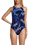 Lands' End Tugless High Neck Strappy Back Tankini Swimsuit Top In Deep Sea Navy Tropical Floral