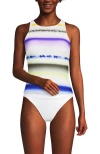 Lands' End Tugless High Neck Strappy Back Tankini Swimsuit Top In Egret White Multi Ombre Stripe
