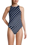 Lands' End Tugless High Neck Strappy Back Tankini Swimsuit Top In Navy/white Variegated Stripe