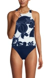 Lands' End Tugless High Neck Strappy Back Tankini Swimsuit Top In White/navy Lilies Placement