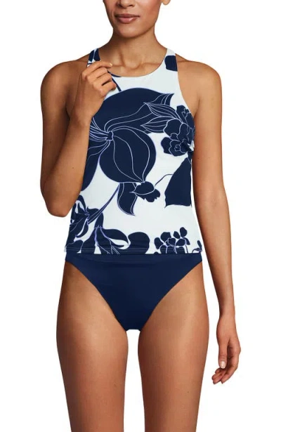 Lands' End Tugless High Neck Strappy Back Tankini Swimsuit Top In White/navy Lilies Placement
