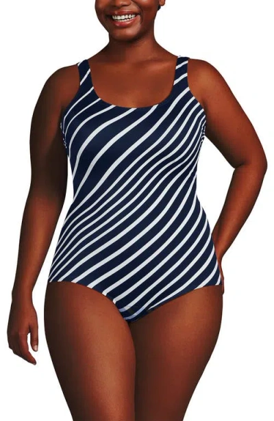 Lands' End Tugless Low Leg One Piece Swimsuit In Blue