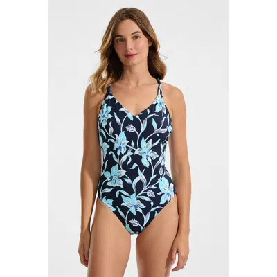 Lands' End Tugless Quickdry V-neck Multi-way High Leg One Piece Swimsuit In Blue
